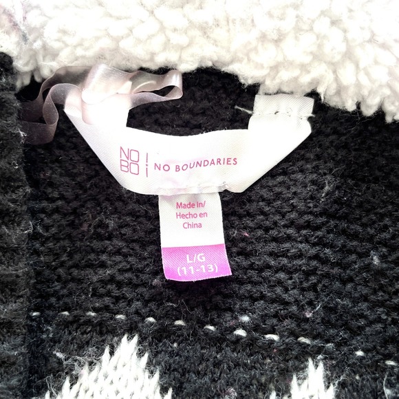No Boundaries Girls Sweater Large Sherpa Hood Cardigan Black Fair Isle Knit - Picture 3 of 15